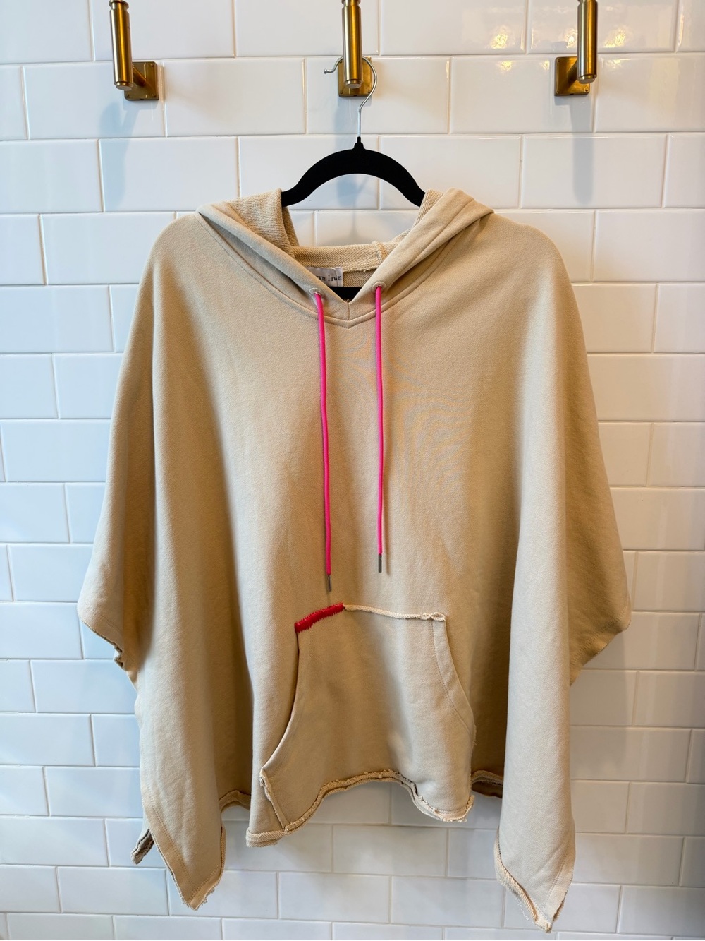 Beige Hooded Poncho Sweatshirt with Pink Drawstrings